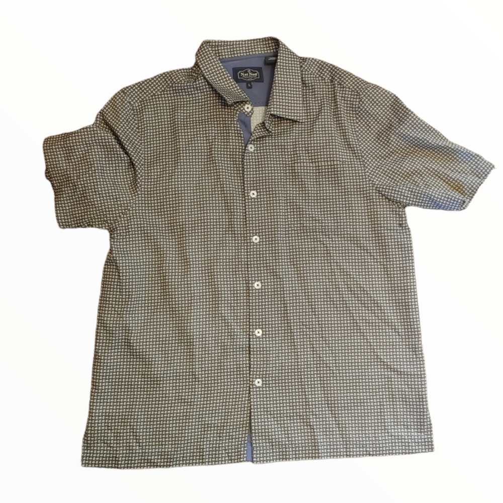 Nat Nast Button Shirt Men's Large Blue Diamonds Silk Blend Short Sleeve Camp
